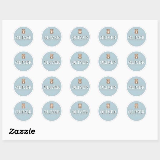 Customizable Round Name kids Sticker – Teddy Bear ラウンドシール (シート)