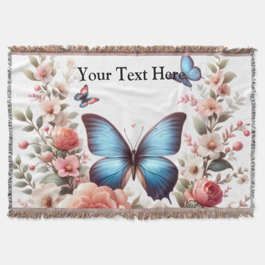 Customizable Text Blue Butterfly Floral Art-96279 スローブランケット (正面)