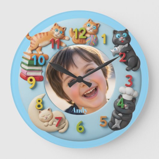Customizable Wall Clock for Kids with Funny Cats ラージ壁時計 (正面)