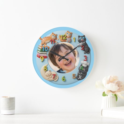 Customizable Wall Clock for Kids with Funny Cats ラージ壁時計 (ホーム)
