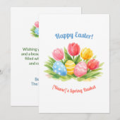 Customizable Whimsical Easter Tulips & Eggs Design シーズンカード (正面/裏面)