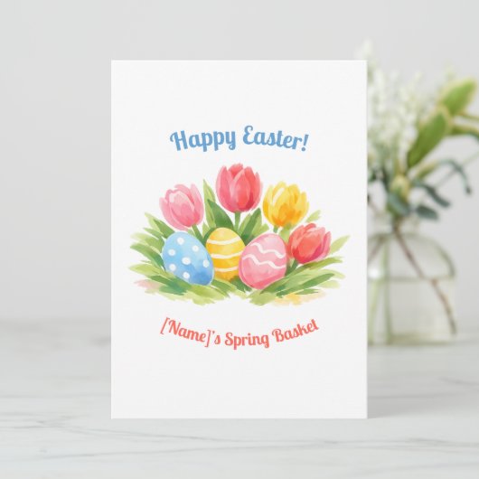 Customizable Whimsical Easter Tulips & Eggs Design シーズンカード (スタンド正面)