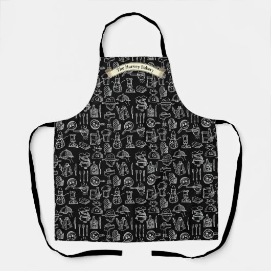 Customize Bakery Kitchen Symbols Pattern Black  エプロン (正面)