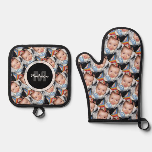 Customize Your custom two photo pattern Monogram 鍋つかみ&鍋敷きセット (正面)
