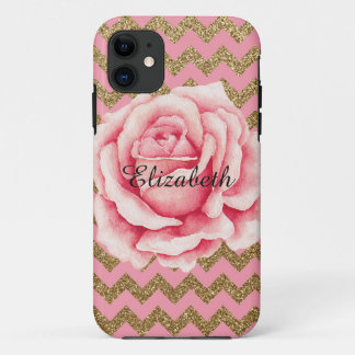 Customizeableのピンク及び金ゴールドのバラのグリッター iPhone 11 ケース
