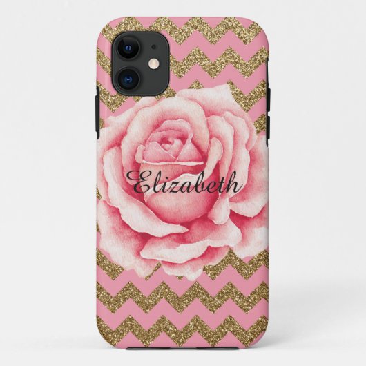 Customizeableのピンク及び金ゴールドのバラのグリッター Case-Mate iPhoneケース (裏面)