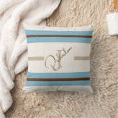 Customized Blue Brown Stripe Monogram Coastal Name クッション (ブランケット)