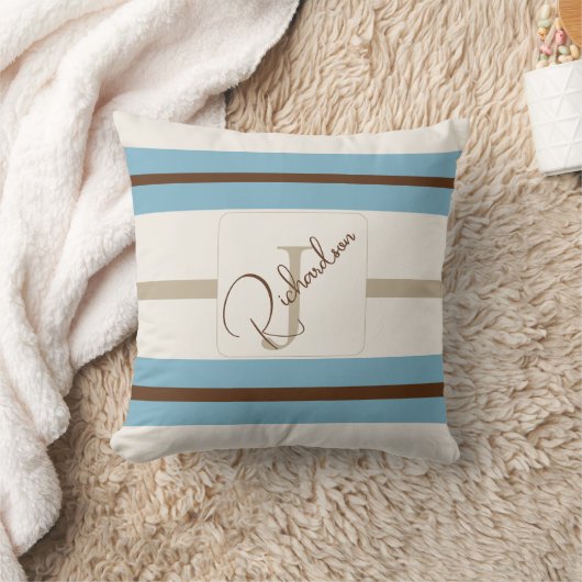 Customized Blue Brown Stripe Monogram Coastal Name クッション (ブランケット)