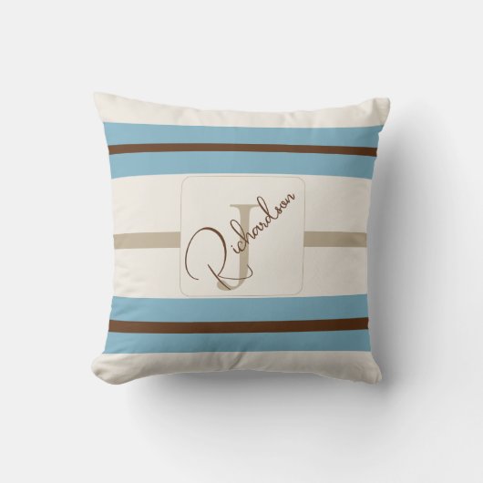 Customized Blue Brown Stripe Monogram Coastal Name クッション (正面)