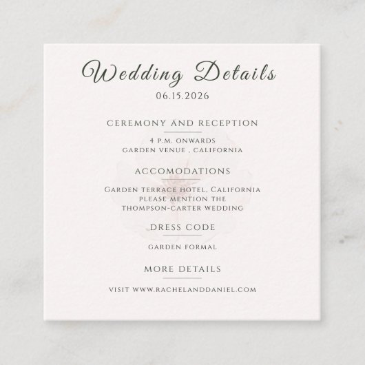 Customized Blush Floral Garden Wedding Details エンクロージャーカード (正面)