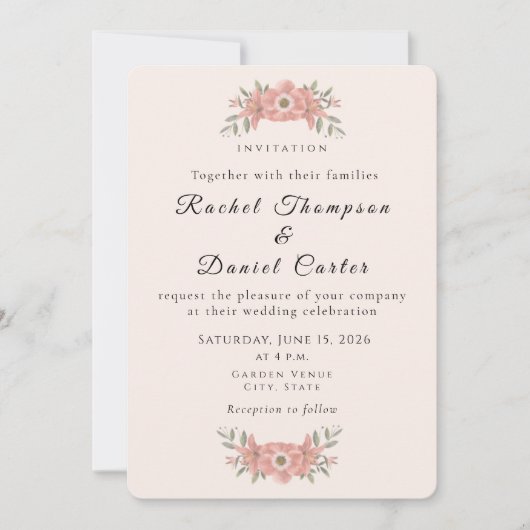 Customized Blush Pink Garden Floral Wedding  招待状 (正面)