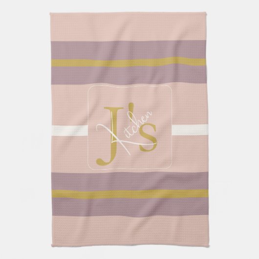 Customized Blush Pink Gold Stripe Monogram Chic  キッチンタオル (縦)
