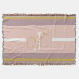 Customized Blush Pink Gold Stripe Monogram Chic  スローブランケット