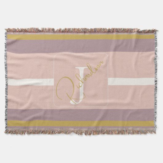 Customized Blush Pink Gold Stripe Monogram Chic  スローブランケット (正面)