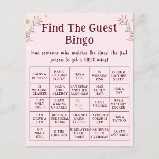 Customized Boho Floral Find The Guest Bingo Game チラシ (正面)