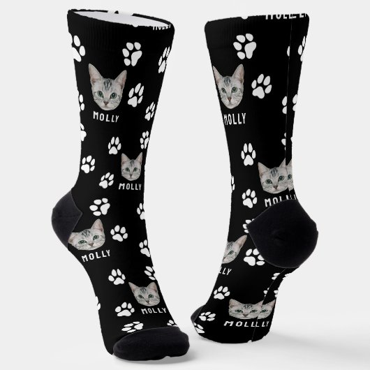 Customized Cat Pet Photo & Name Black ソックス (傾斜あり)