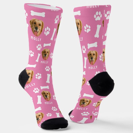 Customized Dog Pet Photo & Name Pink ソックス (傾斜あり)