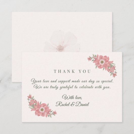 Customized Name Blush Floral Garden Wedding Favor サンキューカード (正面/裏面)