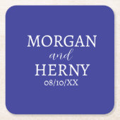 CUSTOMIZED NAME STYLISH MODERN DARK BLUE WEDDING スクエアペーパーコースター (正面)