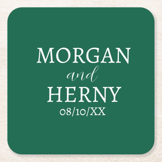 CUSTOMIZED NAME STYLISH MODERN DARK GREEN WEDDING  スクエアペーパーコースター (正面)