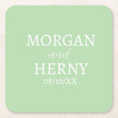 CUSTOMIZED NAME STYLISH MODERN PALE GREEN WEDDING  スクエアペーパーコースター (正面)