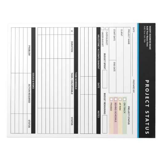 Customized Project Status Report Template Notepad ノートパッド (正面)