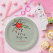 Customized Red Poinsettia Merry Christmas ペーパープレート (パーティー)