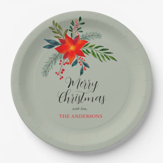 Customized Red Poinsettia Merry Christmas ペーパープレート (正面)