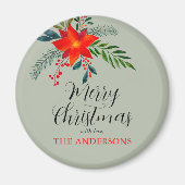 Customized Red Poinsettia Merry Christmas マグネット (正面)
