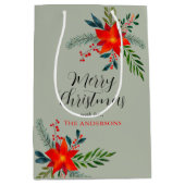 Customized Red Poinsettia Merry Christmas ミディアムペーパーバッグ (正面)