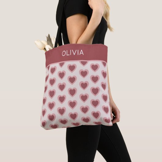 Customized Y2K Heart in Bordeaux Pink Retro トートバッグ (クローズアップ)