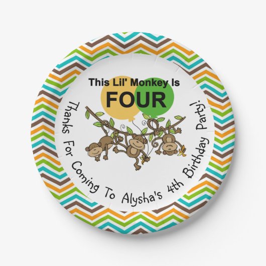 CustomizedLittle Monkeys 4th Birthday紙プレート ペーパープレート (正面)
