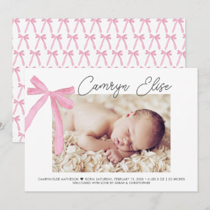 CustomPink Bow Ribbon Baby Girlスクリプト名写真 サンキューカード