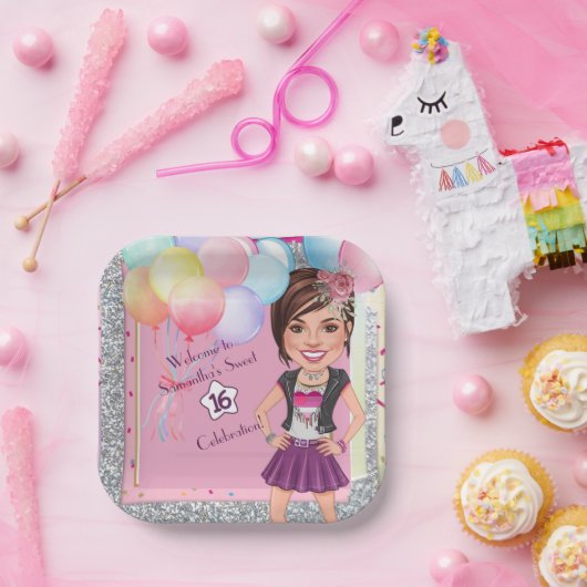 CustomSweet 16 Caricature Invitation with Balloons ペーパープレート (パーティー)