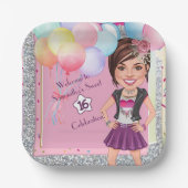 CustomSweet 16 Caricature Invitation with Balloons ペーパープレート (正面)