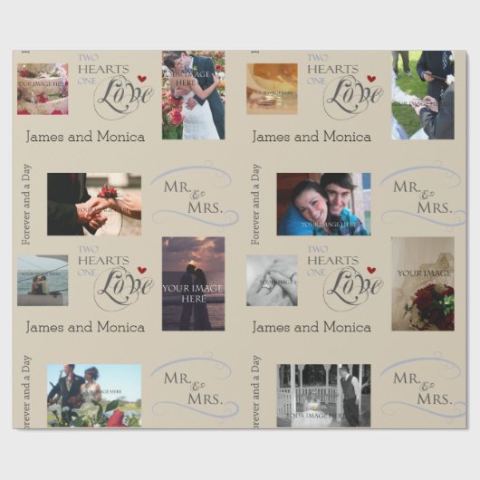 CustomTextパーソナライズされた結婚を使用した写真コラージュ ラッピングペーパー (フラット)