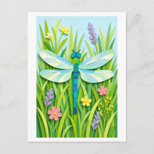 Cut Paper Collage-Style Dragonfly ポストカード (正面)
