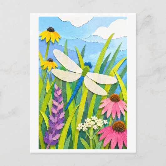 Cut Paper Collage-Style Dragonfly ポストカード (正面)