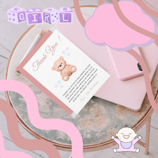 Cut Teddy Bear, handdrawn Hearts Girl Baby Shower  サンキューカード