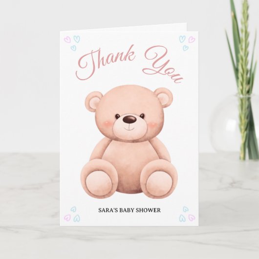 Cut Teddy Bear, Pastel Girl Baby Shower Folded サンキューカード (正面)