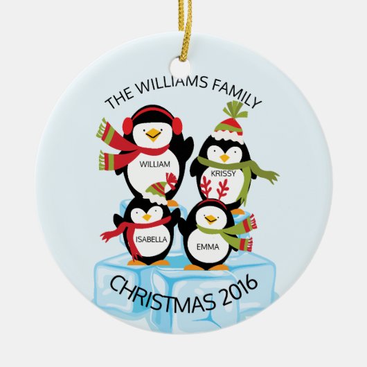 CUTE ペンギンの家族4羽 クリスマス セラミックオーナメント (正面)