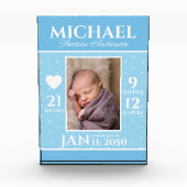 Cute 生まれたばかりのベビー誕生Stats Blue水玉模様 フォトブロック (正面)