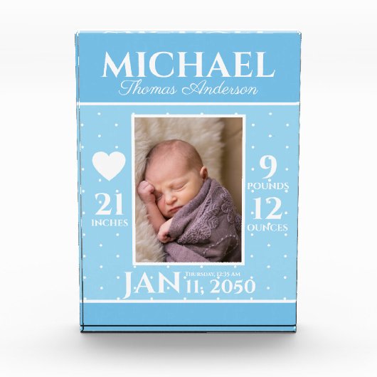 Cute 生まれたばかりのベビー誕生Stats Blue水玉模様 フォトブロック (正面)