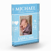 Cute 生まれたばかりのベビー誕生Stats Blue水玉模様 フォトブロック (左)