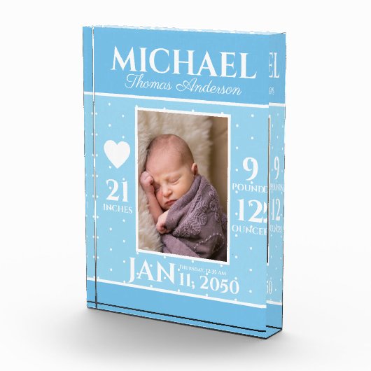 Cute 生まれたばかりのベビー誕生Stats Blue水玉模様 フォトブロック (右)