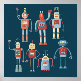 Cute 1950s Style Retro Robots ポスター