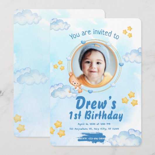 Cute 1st Baby Boy Birthday Invitation 招待状 (正面/裏面)