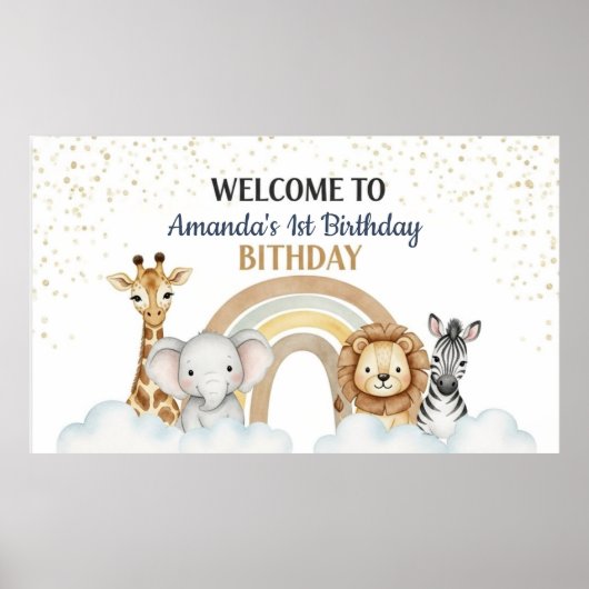 Cute 1st Birthday Safari Animals Paper Poster ポスター (正面)