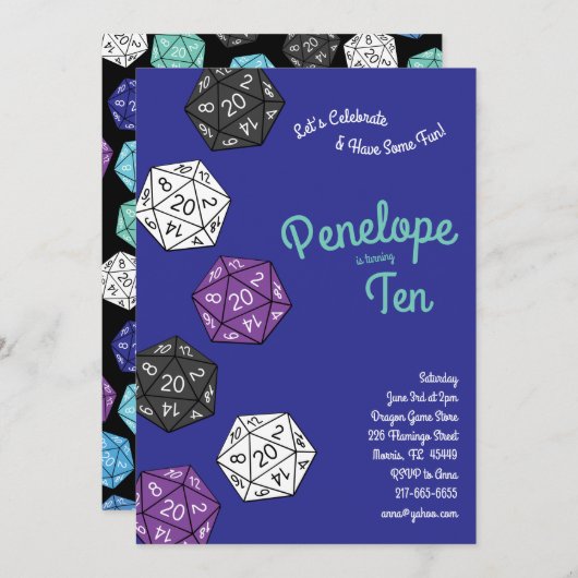 Cute 20サイドサイコロDNDゲーム子供の誕生日パーティー 招待状 (正面/裏面)
