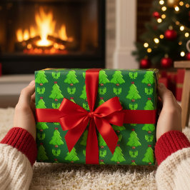 Cute 3D Christmas Trees & Bows Gift ラッピングペーパー